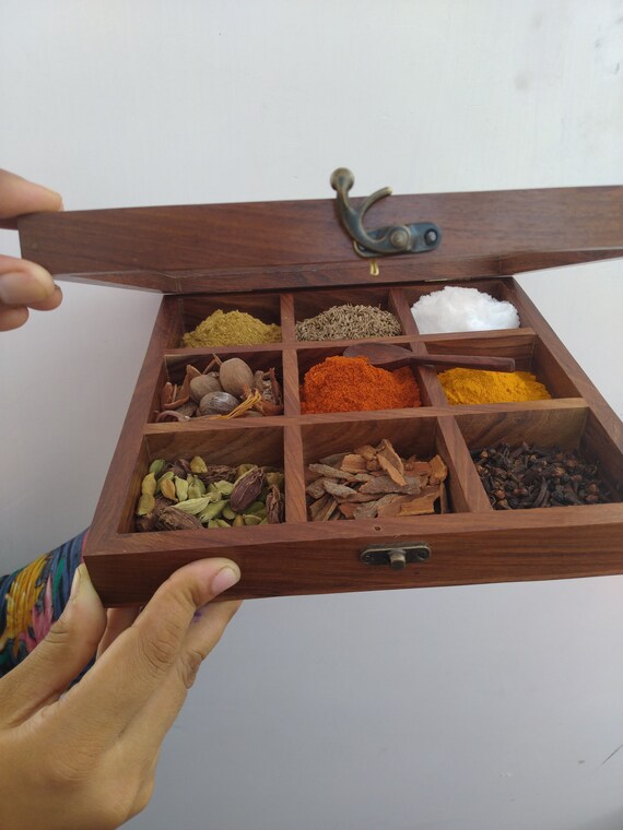 Wooden Spice Box Wooden Spice Organizer Wooden Box for Spices Sheesham Box  for Spices Spice Box With Compartments Jars 