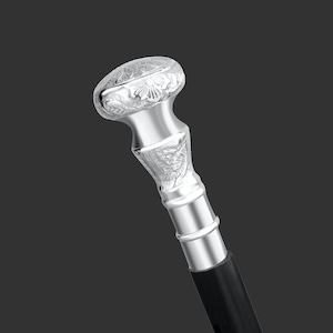 Könnte beinhalten: Ein silberbeschichteter Gehstock mit einem verzierten, detaillierten Griff. Der Griff ist rund, kuppelförmig und mit komplizierten floralen Mustern verziert. Der Stock ist schwarz und hat eine glatte Oberfläche.
