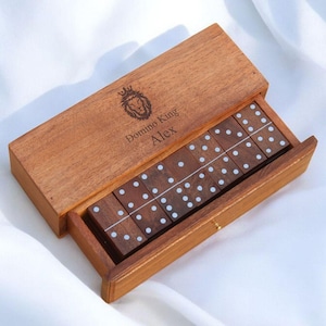 Personalized Domino Set, Lion Engraved Wood Box, Gift for Domino Lovers