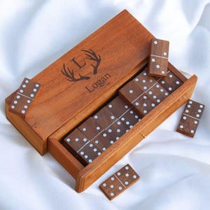 Custom Double Six Dominoes , Personalized Name Engraved Wooden Domino Wood Box , Gift for Men, Family Weekend Party Holiday game