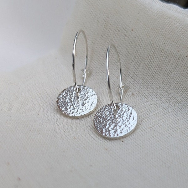 Sterling Silver Circle Hoop Earrings, Dangly solid silver circular hand hammered shiny disc earrings handmade from recycled silver UK.