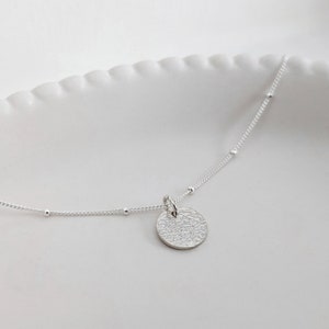 Sterling Silver Cute Circle Disc Necklace, Small Little Dainty Hand Hammered Dimpled Textured Circular Pendant on Stylish Satellite Chain