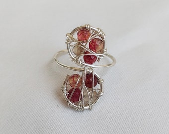 Silver plated adjustable ring with pink agates