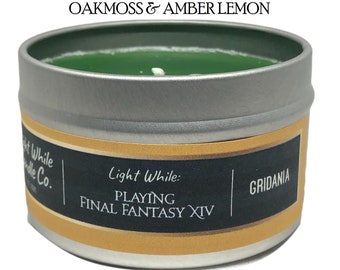 6oz Oakmoss & Amber Lemon Scented Tin Candle FFXIV Final Fantasy 14 FF14 Gridania Theme