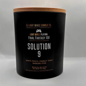 Solution 9 FFXIV Themed Candle – Energy Tonic & White Peach and Mamook Pear Scented.