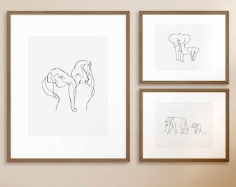 3er-Set Abstrakte Elefantenzeichnungen, Minimale Elefant-Wand-Kunst-Bundle, Safari-Kinderzimmer-Druckbare Poster, Elefant-Kinderzimmerdekor