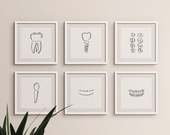 10 zahnmedizinische Zeichnungen, Zahnarzt Wandkunst Set, Zahnmedizin Art Print Bundle, Zähne druckbare Poster, abstrakte Zahn Linie Kunst, medizinische Büro Dekor