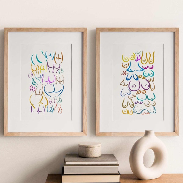 Vibrant Boobs and Butts Printable Wall Art Set, Nude Body Positivity Prints, Breast and Bum Paintings, Simple Boho Funny Bathroom Sign Decor
