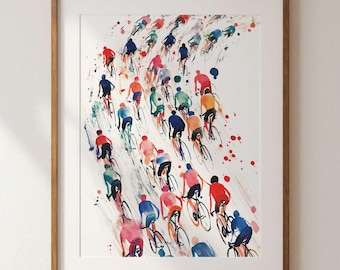 Fahrrad Aquarell, Radfahrer Kunst, Abstraktes Peloton Kunstdruck, Vintage Fahrrad Illustration, Mannhöhle Wandkunst, lebendiger Sport Poster
