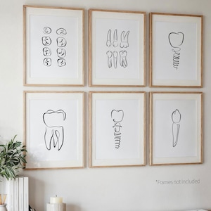 6 Dental Art Prints, Dentistry Wall Art, Tooth Poster Set, Teeth Line Drawings, Dentist Artwork Decor Gift, Simple Dental Office Art, Bundle