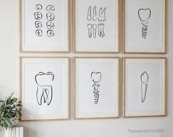 6 Dental Art Prints, Dentistry Wall Art, Tooth Poster Set, Teeth Line Drawings, Dentist Artwork Decor Gift, Simple Dental Office Art, Bundle