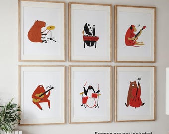 6 Vintage Animal Nursery Prints, Cute Animal Illustrations Baby Room Wall Art, Instruments Kids Decor, Music Playroom Poster Drawings