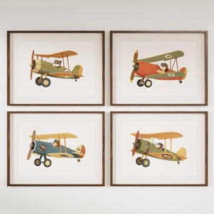 Juego de 4 impresiones con temática de avión para guardería, ilustración de biplano animal, arte de pared, arte de aviación para habitación de niños, decoración de guardería, lindo paquete de impresiones de aviones