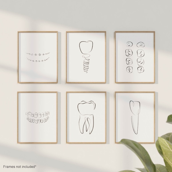 6 Dental Art Prints, Dentistry Wall Art, Tooth Poster Set, Teeth Line Drawings, Dentist Artwork Decor Gift, Simple Dental Office Art, Bundle