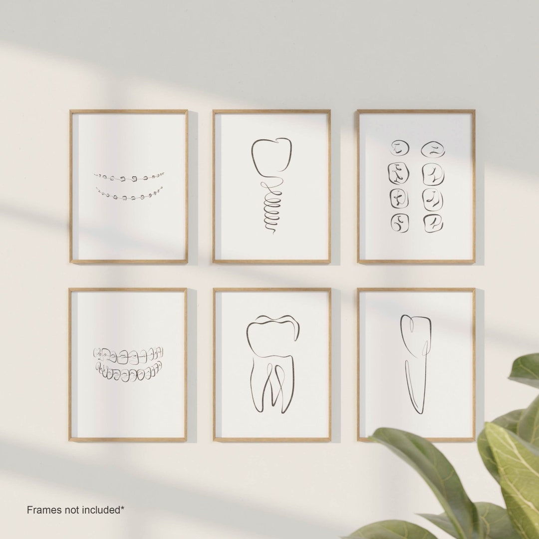 6 Dental Art Prints, Dentistry Wall Art, Tooth Poster Set, Teeth Line