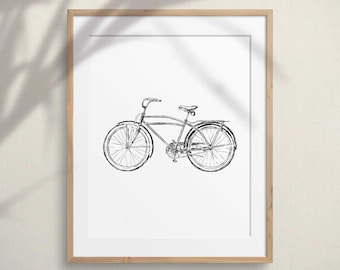 Wydruk sztuki rowerowej, Minimalistyczny czarny obraz rowerowy, Wydrukowana sztuka ścienna z kolarstwem, Prezent dekoracyjny dla kolarza, Prosta grafika rowerowa, Szkic rowerowy