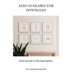 以下が含まれることがあります： 薄いベージュの壁に、歯と歯科用器具の黒い線画が描かれた白いフレームが6つあります。フレームは2列3段に配置されています。絵には、歯、歯科用インプラント、歯のセット、歯科用器具、矯正装置、矯正装置をつけた歯のセットが含まれています。
