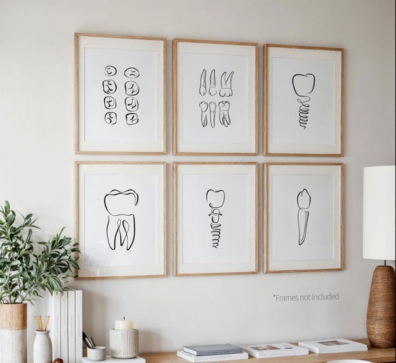 6 Dental Art Prints, Dentistry Wall Art, Tooth Poster Set, Teeth Line Drawings, Dentist Artwork Decor Gift, Simple Dental Office Art, Bundle
