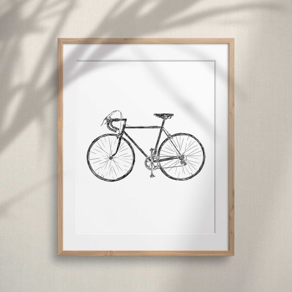 Bicycle Wall Art Printable, Bike Sketch Artwork, Minimalist Bicycle Drawing Print, Cyclist Gift Decor, Bicycle Black & White Art Painting,