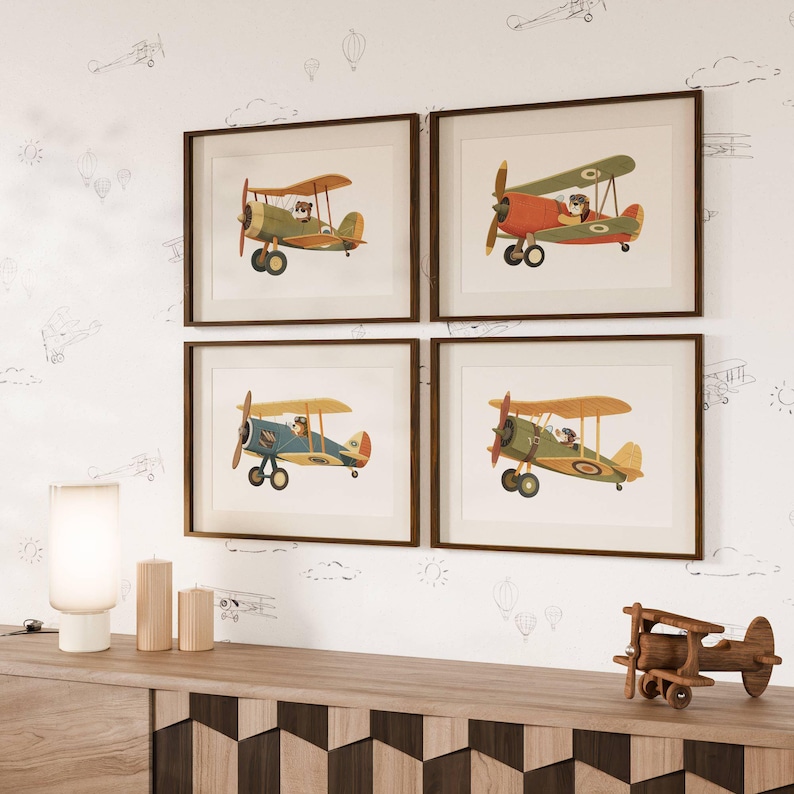 Nursery Plane Theme Printable Set of 4, Animal Biplane Illustration ...