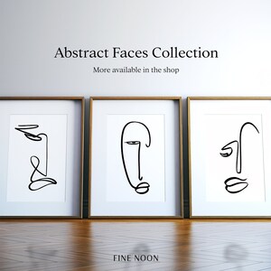 Puede incluir: Tres dibujos en blanco y negro de rostros abstractos enmarcados. El texto "Abstract Faces Collection" y "More available in the shop" est&aacute; por encima de los marcos. El texto "FINE NOON" est&aacute; por debajo de los marcos.