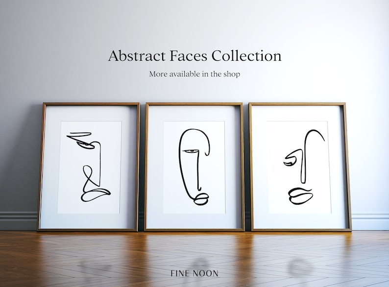 Puede incluir: Tres dibujos en blanco y negro de rostros abstractos enmarcados. El texto "Abstract Faces Collection" y "More available in the shop" est&aacute; por encima de los marcos. El texto "FINE NOON" est&aacute; por debajo de los marcos.