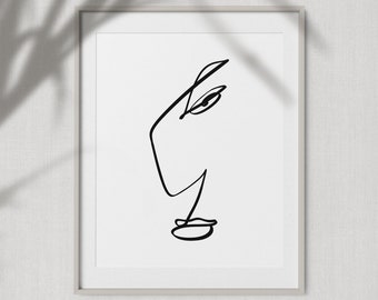 Abstrakte Gesicht Wand Kunst druckbare, minimalistische eine Linie Zeichnung, einfache Linie Figur Malerei, schwarz und weiß Kunstwerk, Boho Mid Century Poster