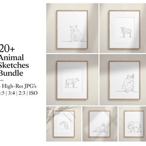 Animal Drawings Nursery Wall Art Set, Printable Nursery Art Bundle, Minimalist Animal Artwork, Kids Bedroom Posters, Fine Art Nursery, Print
