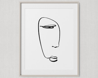 Arte de pared imprimible cara abstracta, dibujo de la cara figurativa, impresión de arte de la pintura de línea, cartel moderno minimalista, decoración del arte del dormitorio, arte de la línea