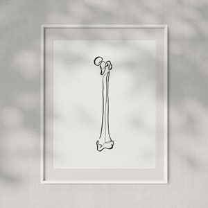 May include: A line drawing of a human femur bone, the long bone in the thigh, in black ink on a white background.