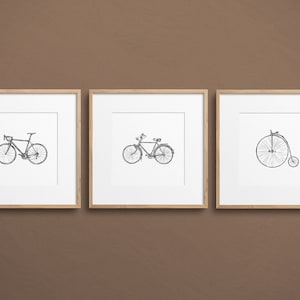 Bicycle Wall Art Set, Bicycle Printable 3 Set Prints, Minimalist Bike Drawing, Cyclist Art Gift, Cycling Art Poster, Bike Painting Sketches