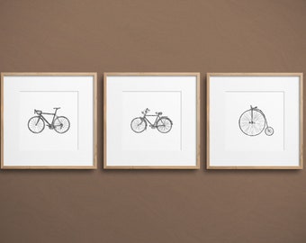 Fahrrad Wandkunst Set, Fahrrad druckbare 3 Set Drucke, minimalistische Fahrrad Zeichnung, Radfahrer Kunst Geschenk, Radfahren Kunst Poster, Fahrrad Malerei Skizzen