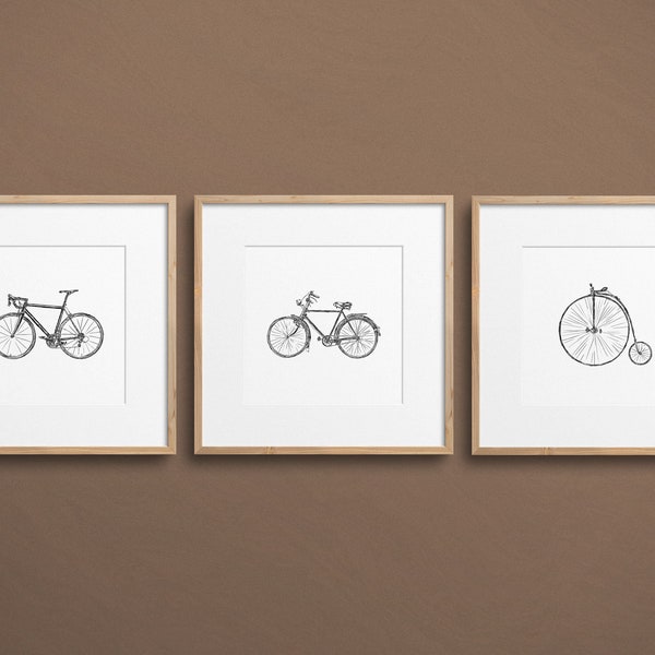 Bicycle Wall Art Set, Bicycle Printable 3 Set Prints, Minimalist Bike Drawing, Cyclist Art Gift, Cycling Art Poster, Bike Painting Sketches