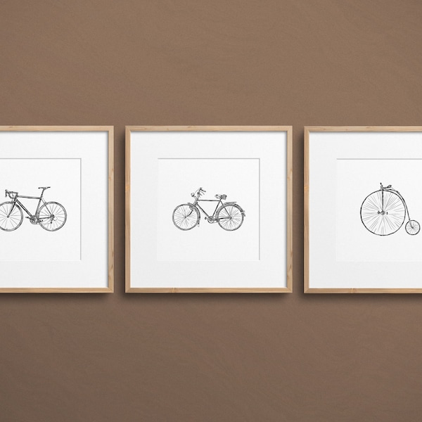 Conjunto de arte de pared de bicicleta, impresiones de 3 conjuntos imprimibles en bicicleta, dibujo minimalista de bicicleta, regalo de arte ciclista, cartel de arte ciclista, bocetos de pintura de bicicletas