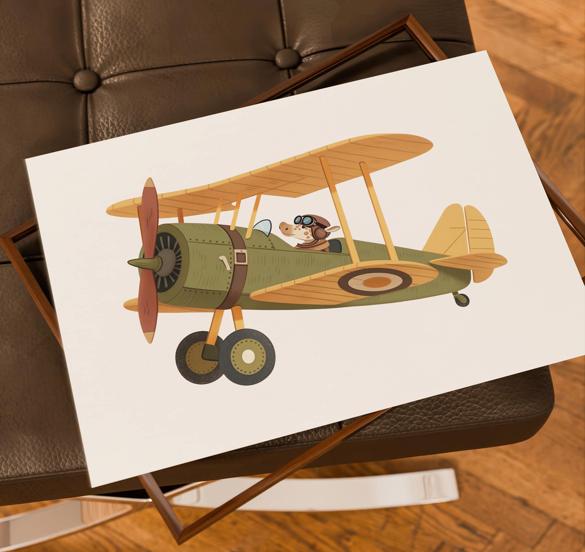 Nursery Plane Theme Printable Set of 4, Animal Biplane Illustration ...