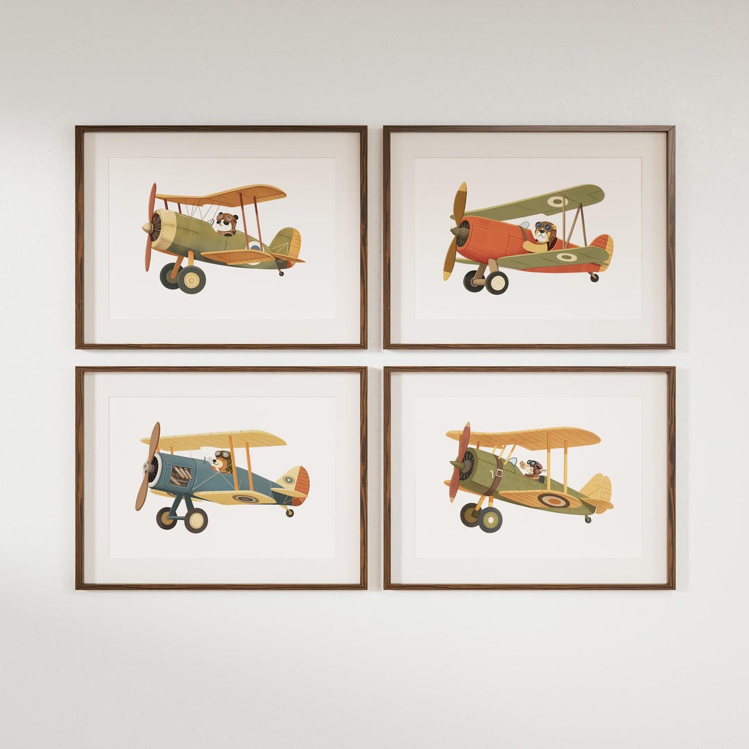 Nursery Plane Theme Printable Set of 4, Animal Biplane Illustration ...