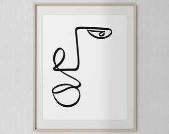 Dibujo de cara abstracta minimalista, impresión de arte de línea moderna, arte de pared imprimible de mediados del siglo, cartel de ilustración escandinava, boceto de una línea