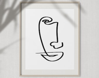 Dibujo de línea de cara, arte abstracto de pared de mediados del siglo, boceto de cara abstracta minimalista, ilustración moderna de una línea, arte de una sola línea imprimible.