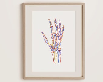 Skeleton Hand Line Painting, Abstract Anatomy Drawing, Medical Printable Wall Art, Chiropractic Art Print, One Line Style Illustration