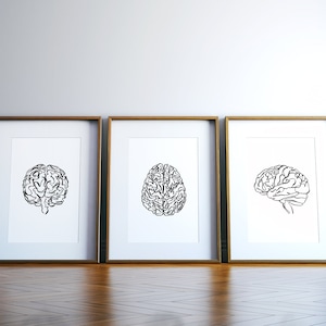Conjunto de impresión de arte cerebral abstracto, arte de línea imprimible del cerebro, arte de la pared de anatomía, ilustración médica, cartel de psicología, decoración del consultorio médico