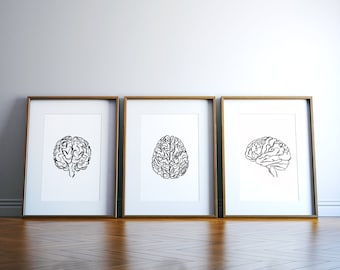 Abstract Brain Art Print Set, Cerebrum afdrukbare lijntekeningen, anatomie kunst aan de muur, medische illustratie, psychologie poster, Doctor Office decor