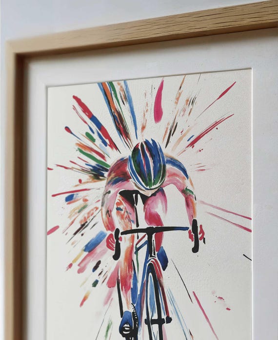 Cyclist Painting Wall Art, Colorful Bicycle Art Print, Abstract