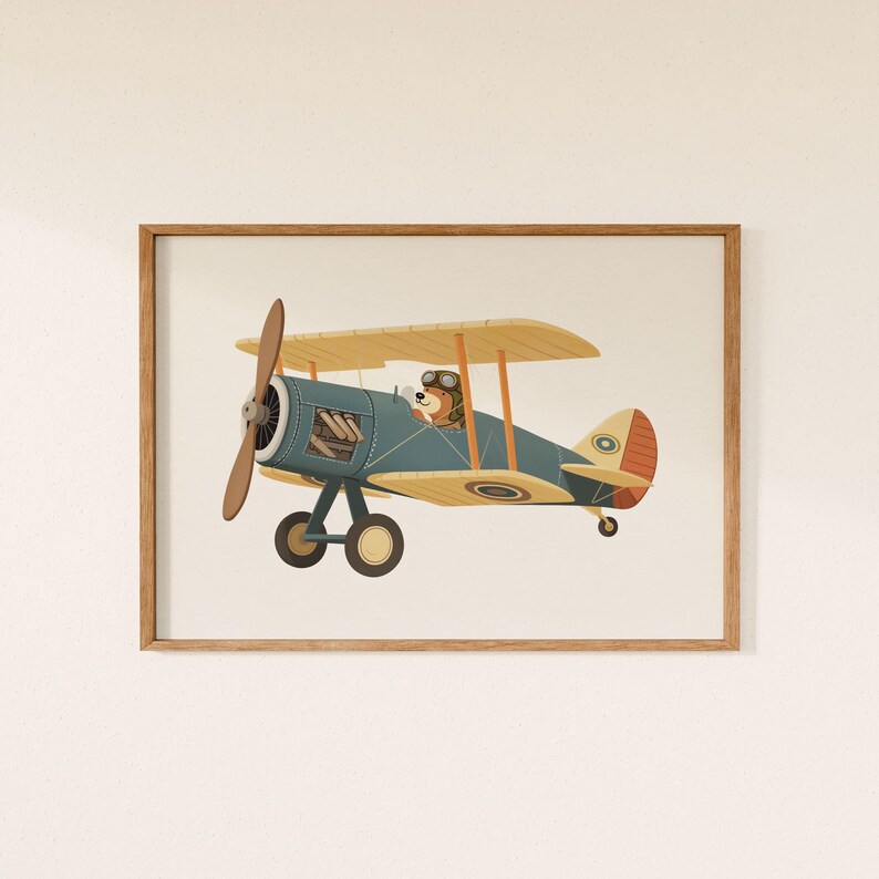 Nursery Plane Theme Printable Set of 4, Animal Biplane Illustration ...