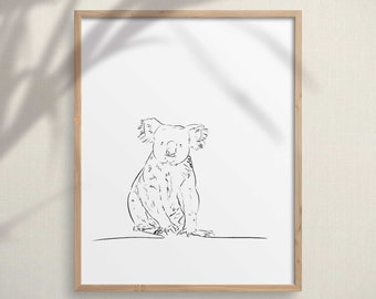 Cute Koala Nursery Art Print, Minimalist Animal Wall Art, Printable Boho Line Art, Fine Art Drawing Poster, Kids Room Artwork, Minimal Decor