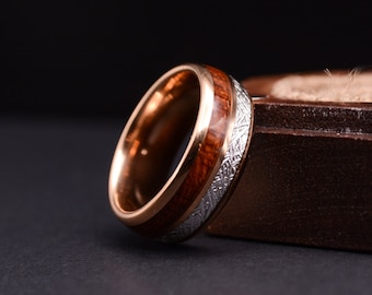 Mens wedding band 8mm Rose Gold Plated Tungsten Ring With Meteorite And koa Wood Inlay, Wedding band mens, Men wedding band