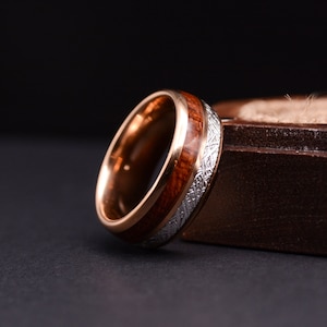 Mens wedding band 8mm Rose Gold Plated Tungsten Ring With Meteorite And koa Wood Inlay, Wedding band mens, Men wedding band