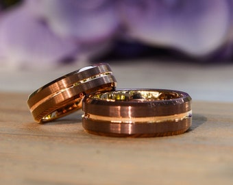 Wedding Ring Set - Match His and Hers Coffee & Rose Gold Tungsten Bands- Wedding Band Set Rose Plate Gold, Promise Rings For Couples