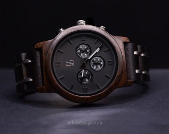Wooden Watch- Men's Chronograph Wood Watch With Dark Wood & Stainless Steel Combined Watch Band, Christmas Gifts For Men, Gifts For Him