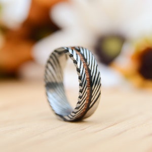 6mm Wedding Band with Koa Wood Inlay and Damascus Steel Pattern Ring, Rings for women,  Wedding band women, Womens wedding band