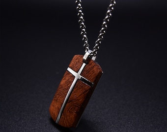 Rosewood Cross Necklace For Men- Mens Pendant Necklace-Wood Necklace Pendants for Men